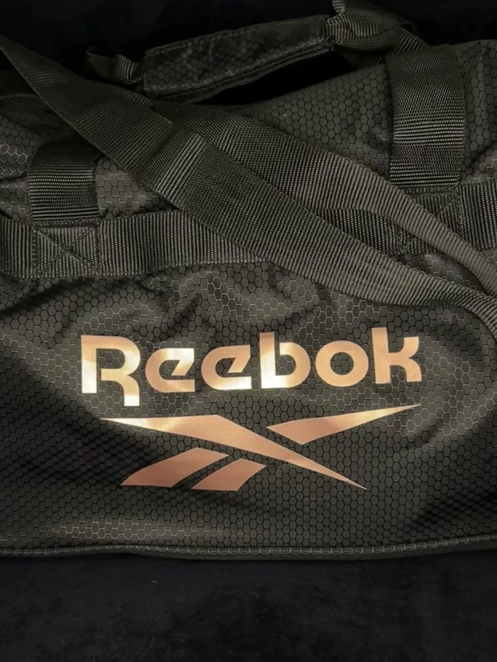 Reebok Black Duffel Bag with Metallic Rose Logo